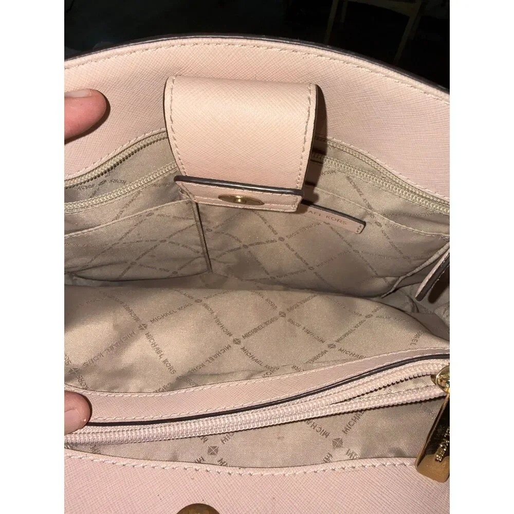 Michael Kors Blush Pink Saffiano Structured Tote Satchel MK Charm Gold Tone